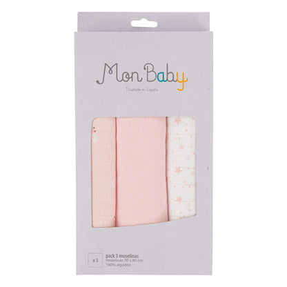 Paseo Bimbidreams Mon Baby Pack 3 Muselinas 80X80 Cm Stars Rosa multicolor para bebe