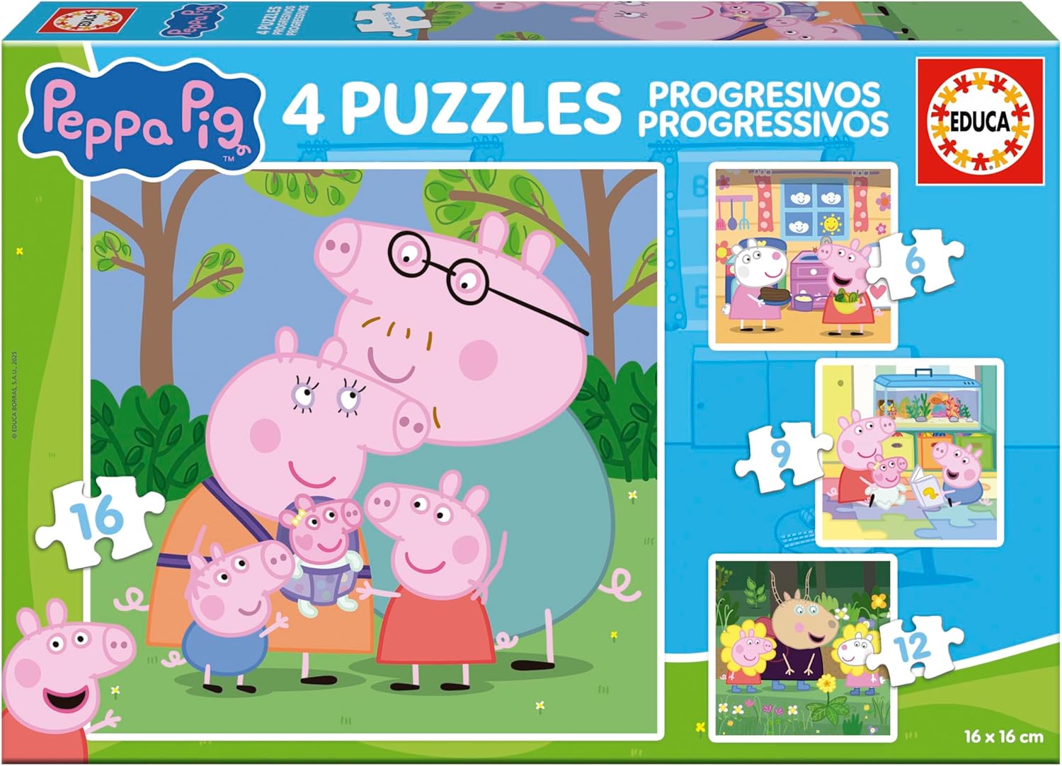 Construcciones Y Puzzles Educa Peppa Pig 4 Puzzles Progresivos 6-9-12-16 Piezas multicolor para bebe